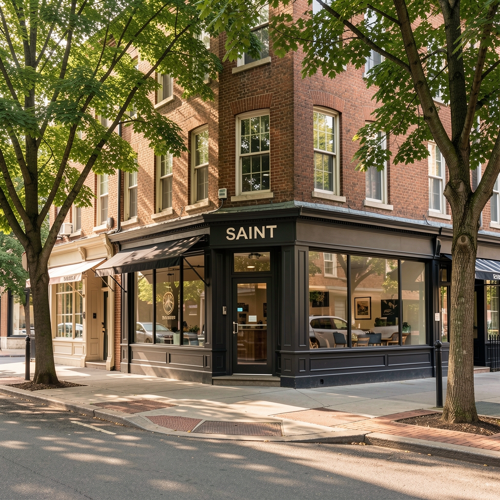 Exterior view of a Saint-Gilles Brussels coaching studio on a tree-lined street on a clear morning