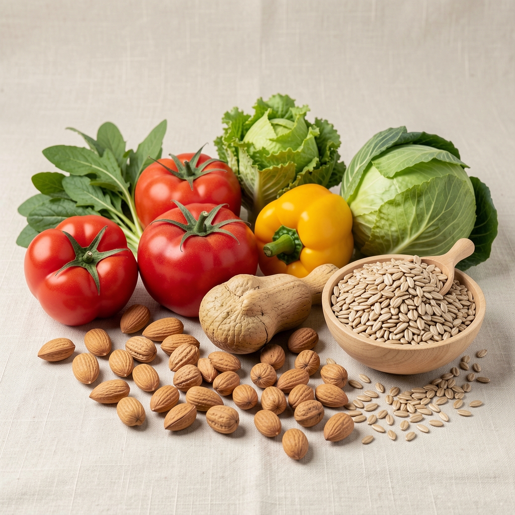 Nutritious whole food ingredients arranged on a pale linen background including vegetables, nuts and whole grains under clean studio lighting for a lifestyle coaching context