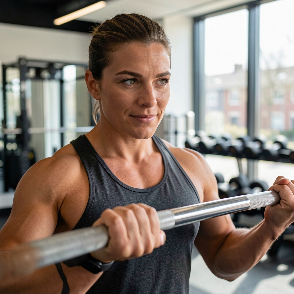 Personal trainer guiding a client through a strength session in a Brussels fitness studio with natural light and clean equipment