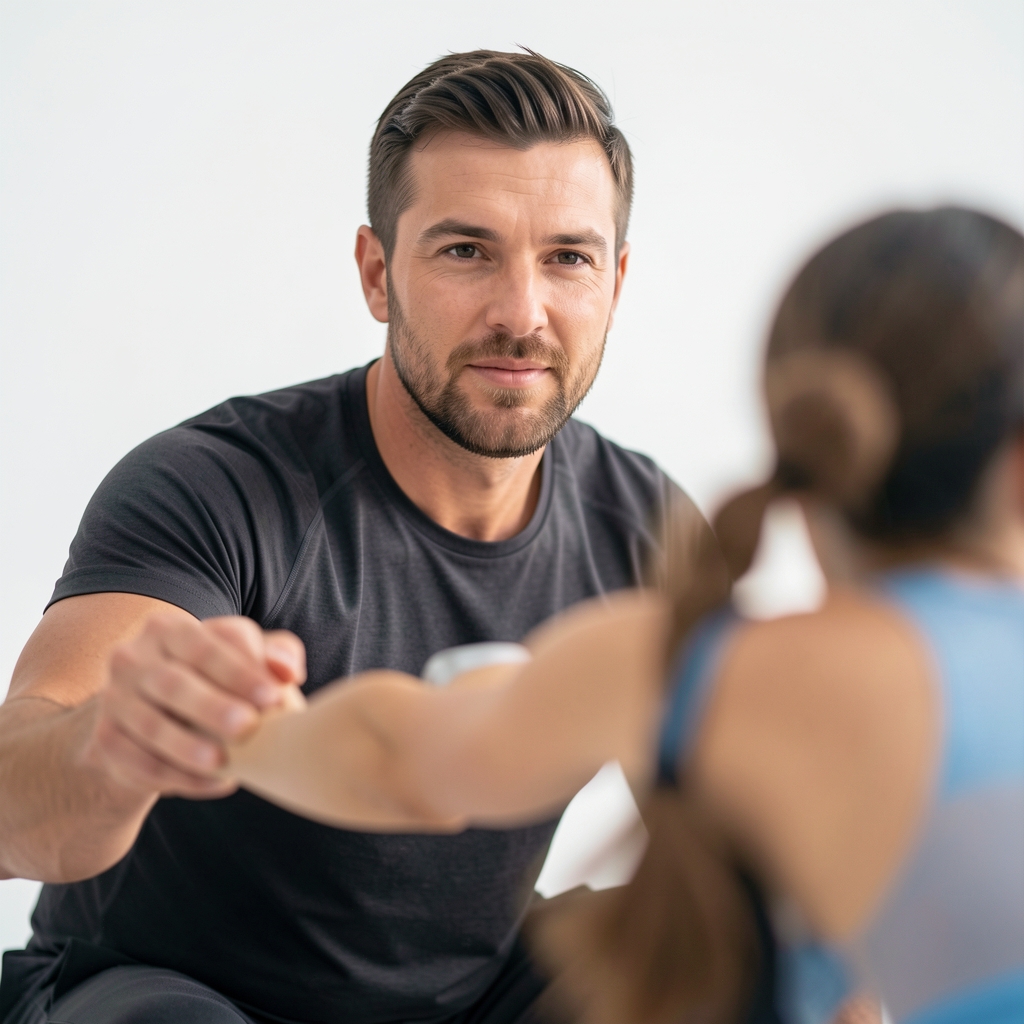 Coach conducting a movement screening with a client performing a bodyweight squat assessment against a clean white studio wall under studio lighting