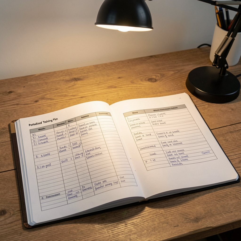 Periodised training plan document spread open on a wooden desk with handwritten weekly schedules, load notations and exercise descriptions under a desk lamp