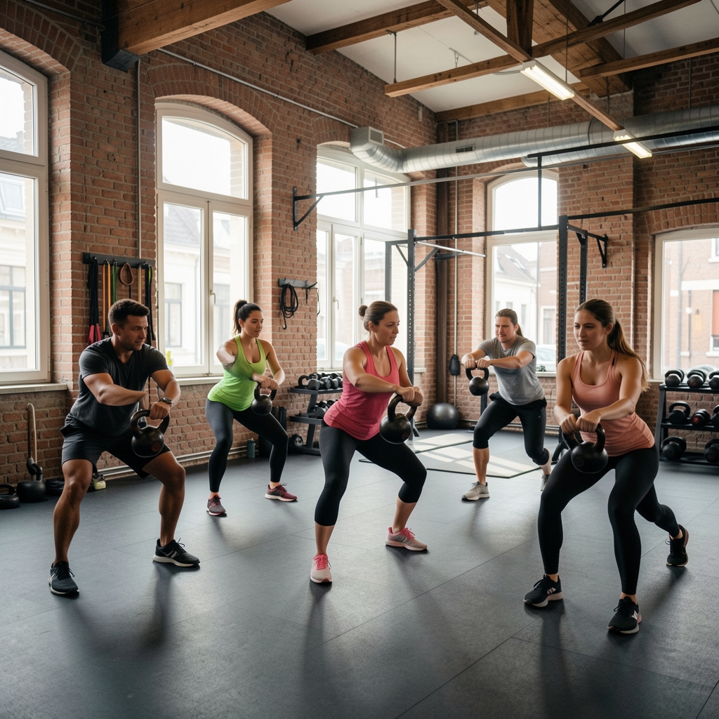 Small group training class of six participants performing kettlebell exercises in a spacious Brussels fitness studio with brick walls and natural daylight