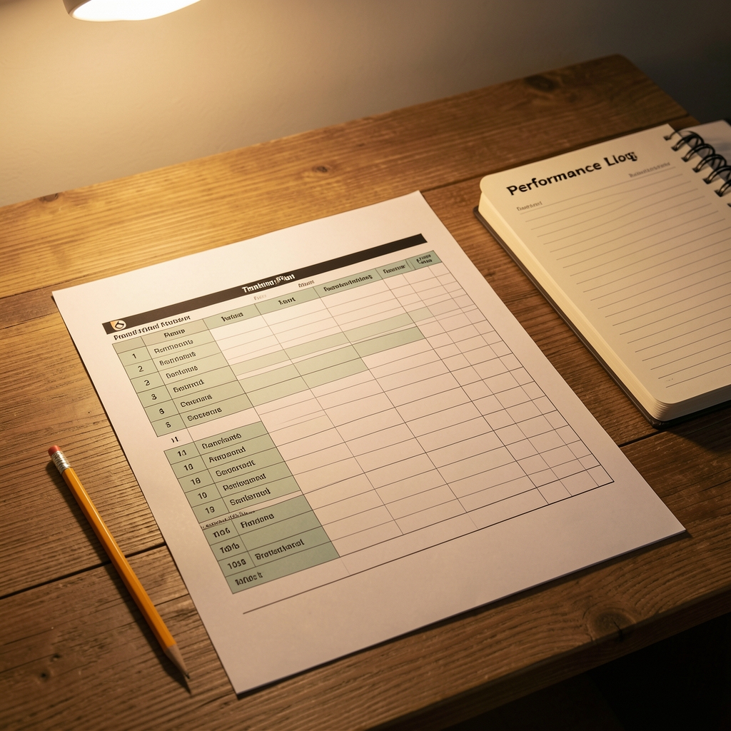 Printed periodised training plan laid flat on a wooden desk next to a pencil and a small performance log notebook under warm desk lamp light