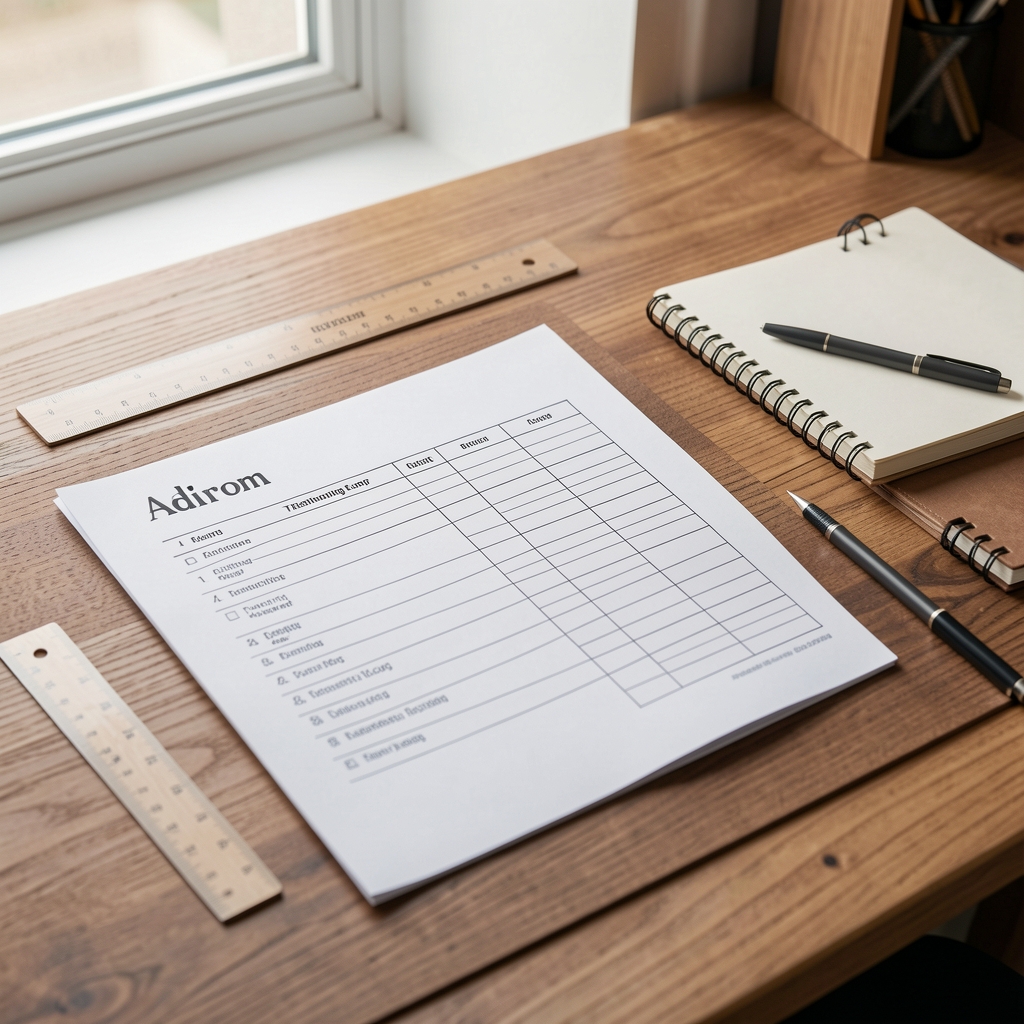 Coaching desk area in the Adirom studio with a printed training log, ruler, and notepad on a wooden surface